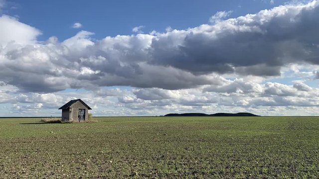 Old barn and empty field after harvesting in sunny day. Panorama picture with mowed wheat field  under  sunny day. Czech Republic