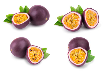 Set or collection whole passion fruits and a half with leaves isolated on white background. Isolated maracuya