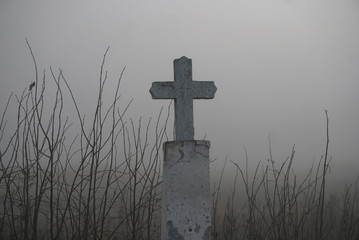 grave in the morning fog