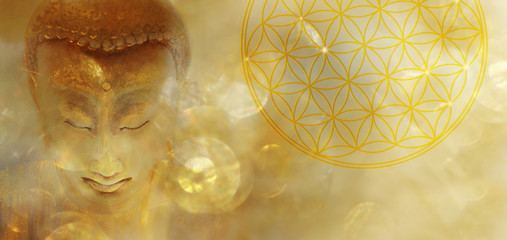 Banner Buddha mit Blume des Lebens in goldenem Licht