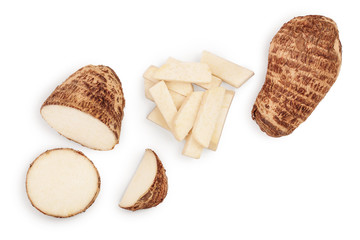 fresh taro root isolated on white background with copy space for your text. Top view. Flat lay. Set or collection