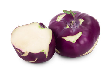 Cabbage kohlrabi and half isolated on white background closeup