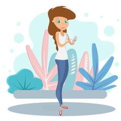 A brown-haired girl in blue jeans and a white T-shirt holds a phone in her hands. Illustration in a trendy flat style in pastel soft colors. Plants, trees and bolts style background for banner, Vecor