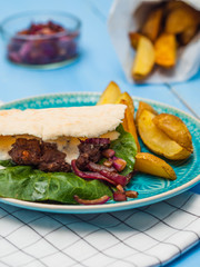 beef burgers with potato wedges