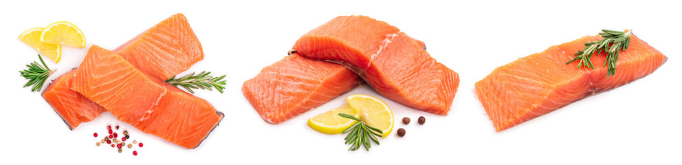 fillet of red fish salmon with lemon and rosemary isolated on white background. Top view. Flat lay. Set or collection