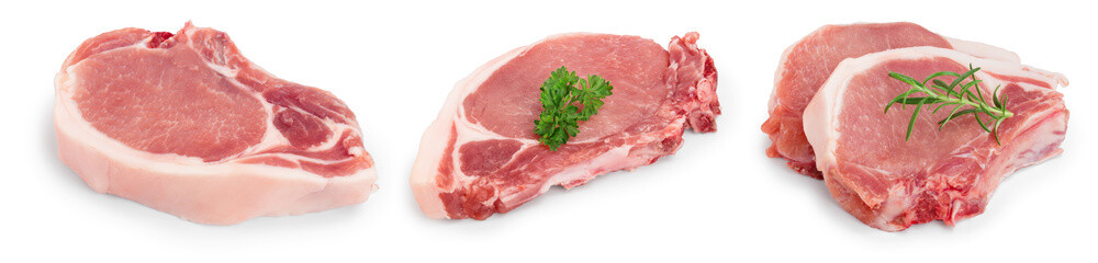 sliced raw pork meat isolated on white background. Top view. Flat lay. Set or collection