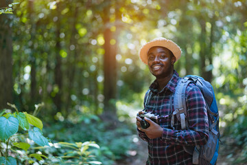 African freedom man traveler holding camera with backpack standing in the green natural forest.