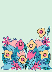 Vertical background with hand drawn lush abstract flowers. Print and web design template with place for your text. Modern style