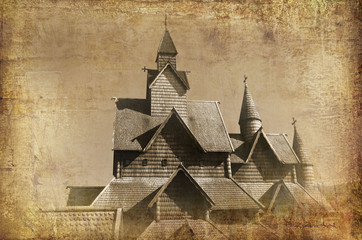 Old wooden Church in Norway. Retro stile image