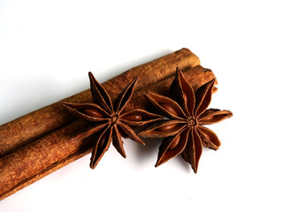 Cinnamon herbs and star anise, isolated on a white background.