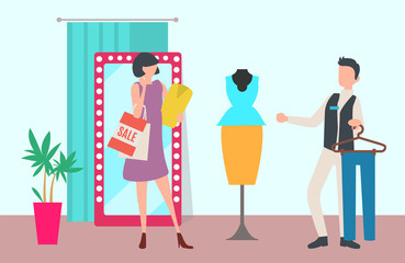 Sale or discount, shop or boutique interior, shopping and customer. Woman with bags and dummy, shop assistant and mirror, clothes price reduction. Vector illustration in flat cartoon style