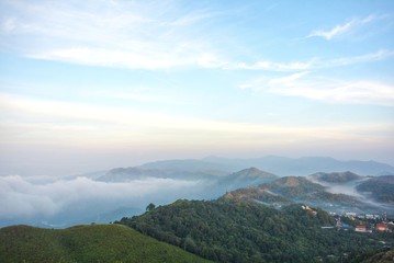 The fog that covers the I-Tong village and the mountain view at the National Elephant War Hill, Thong Pha Phum, Kanchanaburi, Thailand