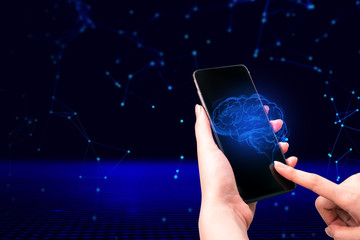 human working with control the ai robotic machine system network by tablet mobile touchscreen, command artificial intelligence for automation deep learning