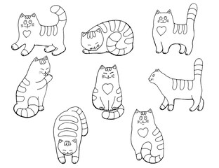 Set of hand-drawn cats, cats isolated on white background. Sleeping, washing, sitting, standing cats