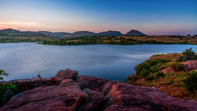 Oklahoma landscape at sunset.  Wichita Mountain Wildlife Preserve, Lawton, Oklahoma, United States. 