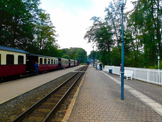 Fototapeta na wymiar Die einfahrende Zug auf den historischen Bahnhof an der Ostseeküste