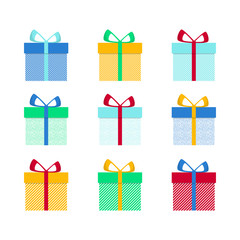 Set with gift for any design. Colorful blank cardboard package box. Product packaging. White background. Surprise symbol. Gift box Vector design template. Holiday background. Christmas vector