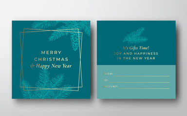 Merry Christmas Abstract Vector Greeting Gift Card Background. Back and Front Design Layout with Modern Typography. Soft Shadows and Sketch Pine Fir Branches.