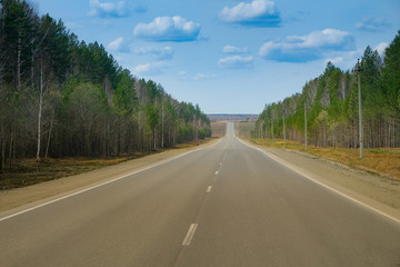 Fototapeta na wymiar A long straight empty asphalt road through green forest on sunny day, perspective. Travel concept