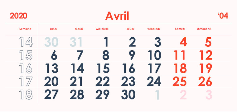 April Page 04 Month 2020 Year. Premium Black and Red French Calendar. Prestige Stylish Grid Classic Style. Luxury template design