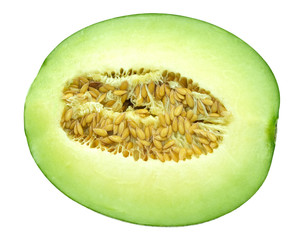 fresh green honeydew fruit cut half isolated on white background with clipping path