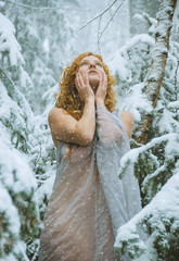 Fototapeta na wymiar Beautiful young sexy snow girl with red hair on winter nature in a long light delicate dress in a frosty winter forest, soft fluffy white snow lying on its branches, a frost fairy like a cute nymph