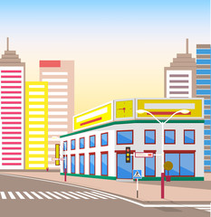 Town with buildings and empty street, 3d look of city road and houses. Sunshine cityscape. Skyline, crossroad with zebra. Cityscape with houses facades. Ubran landscape. Shop at corner of intersection