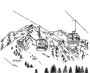 Snow mountains with ski lifts. Line art style.