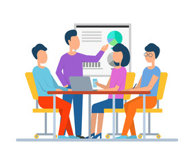 Whiteboard with information, man talking about project showing details teaching people sitting by table using laptops and new technologies. Business teamwork. Vector illustration in flat cartoon style
