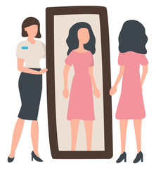 Woman tries on dress near mirror, seller and shopper characters. Sale old collection, wardrobe and clothes, female wearing pink dress and high heels. Vector illustration in flat cartoon style