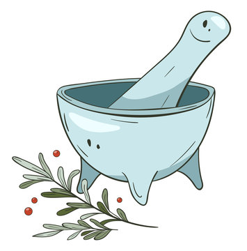 recommend clip art: Hand drawn Mortar and Pestle with herbs. Vector illustration.