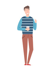 Person on coffee break, worker relaxing and smiling, male greeting, cheerful worker wearing casual clothes holding cup of hot tea beverage. Vector illustration in flat cartoon style