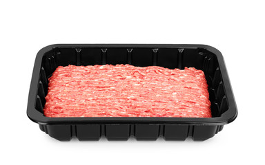 Minced meat in black plastic container on a white background