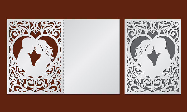 Laser cut template of wedding invitation with bride and groom in the heart frame. Fold card with openwork vector silhouette. Couple in love in lace decor panel. Faces in profile at Valentine's day.