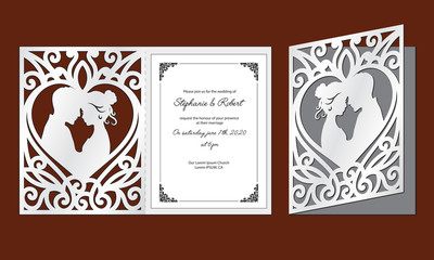 Laser cut template of wedding invitation with bride and groom in the heart frame. Fold card with openwork vector silhouette. Couple in love in lace decor panel. Faces in profile at Valentine's day.