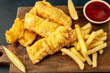 fish and chips with french fries, on a stone background