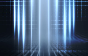 Empty background scene. Dark street reflection on wet asphalt. Rays of neon light in the dark, neon figures, smoke. Background of empty stage show. Abstract dark background.