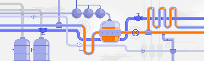 Background with tubes and pumps. Plant manufacturing process. Vector illustration 