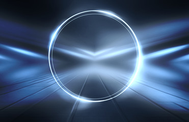 Empty background scene. Dark street reflection on wet asphalt. Rays of neon light in the dark, neon figures, smoke. Background of empty stage show. Abstract dark background.