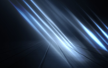 Empty background scene. Dark street reflection on wet asphalt. Rays of neon light in the dark, neon figures, smoke. Background of empty stage show. Abstract dark background.