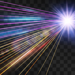 Laser yellow and blue glow vector car speed flash. Motion effect light road flow on transparent background. Light energy stream for modern hi-tech design. Power neon flow of moving particles trace.