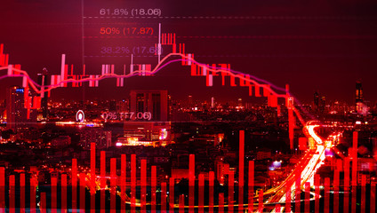 Stock graph chart analysis downturn with fibonacci indicator concept, graph and cityscape with red color	