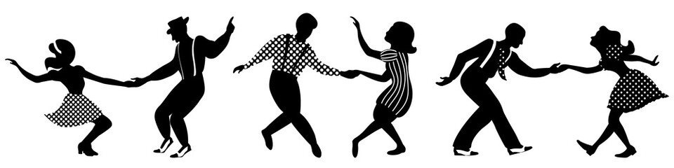 Set of three negative dancing couples silhouettes on white background. People in 1940s or 1950s style. Vector illustration. - obrazy, fototapety, plakaty