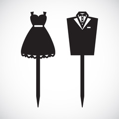 Set of cake toppers. Laser cut template of wedding card with bride and groom clothes. Table sign with silhouette of bridal dress, tuxedo. Vector Valentine day decoration. Paper cutout holiday outfit.