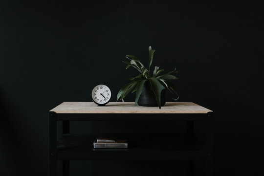 Plant And Analog Clock On Table Top In Front Of Black Wall