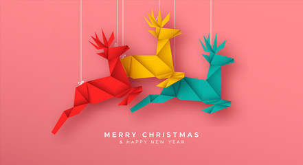Christmas New Year reindeer paper origami card - obrazy, fototapety, plakaty