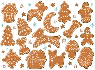 Holiday Collection. Set of gingerbread Christmas Cookies. Snowflake, sock, moon, ball, stars, angel, home, trees, dog, bone, Santa Claus. Merry Christmas. New Year. Vector illustration
