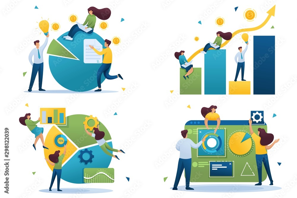 Poster Set Flat 2D concepts Business data analysis, Analytics, Chart with data, DATA collections. For Concept for web design