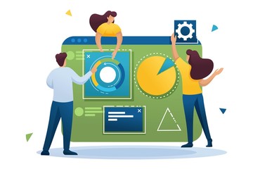 Teamwork entrepreneurs engaged in business analysis on a large tablet. Flat 2D character. Concept for web design