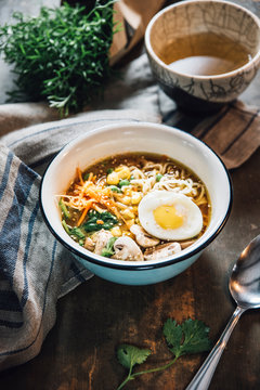 Food: Asian vegetable mie noodle soup with egg